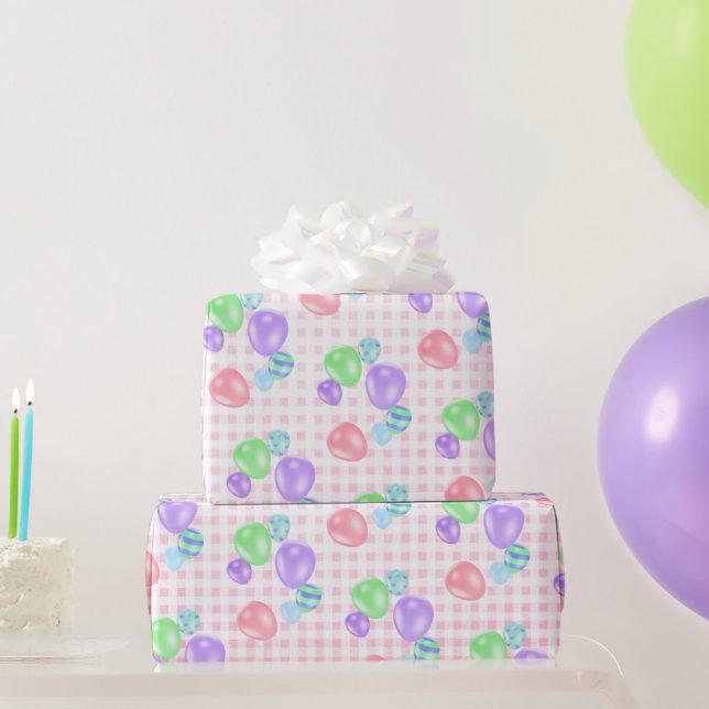 Birthday Balloons on Pink Gingham Geschenkpapier (Partygeschenke)
