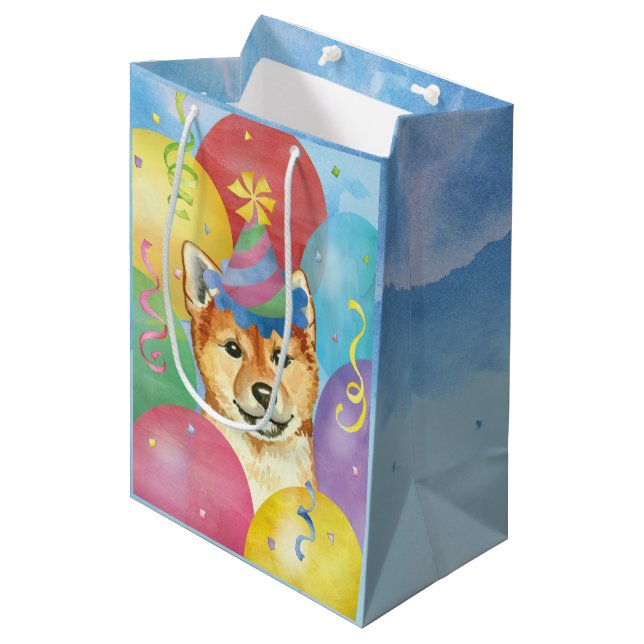 Birthday Balloons Shiba Inu Mittlere Geschenktüte (Vorderseite Schrägansicht)