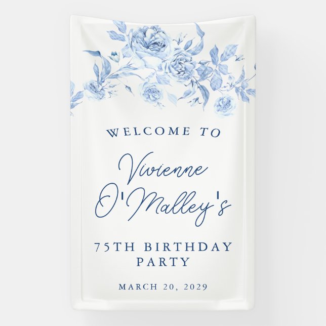 Birthday Banner 75th Birthday Party Blue Floral (Vertikal)