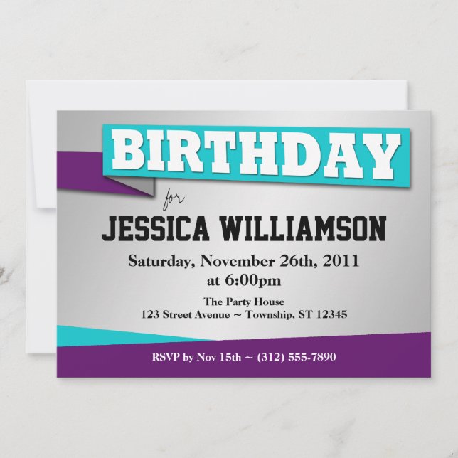 Birthday Banner Blue & Lila Party Einladungen (Vorderseite)