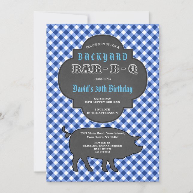Birthday BARBEQUE Chalk Blue Gingham Einladung (Vorderseite)