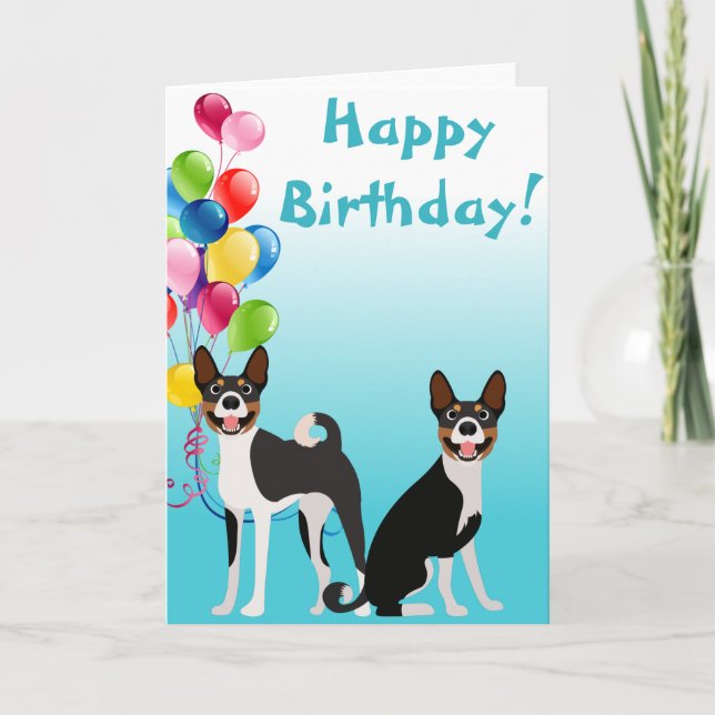 Birthday Basenji Hound Hund Tier mit Balloons Karte (Vorderseite)