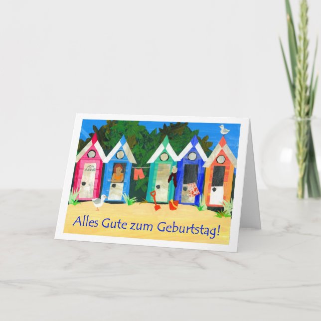Birthday Beach Huts Card - Deutscher Gruß Karte (Vorderseite)