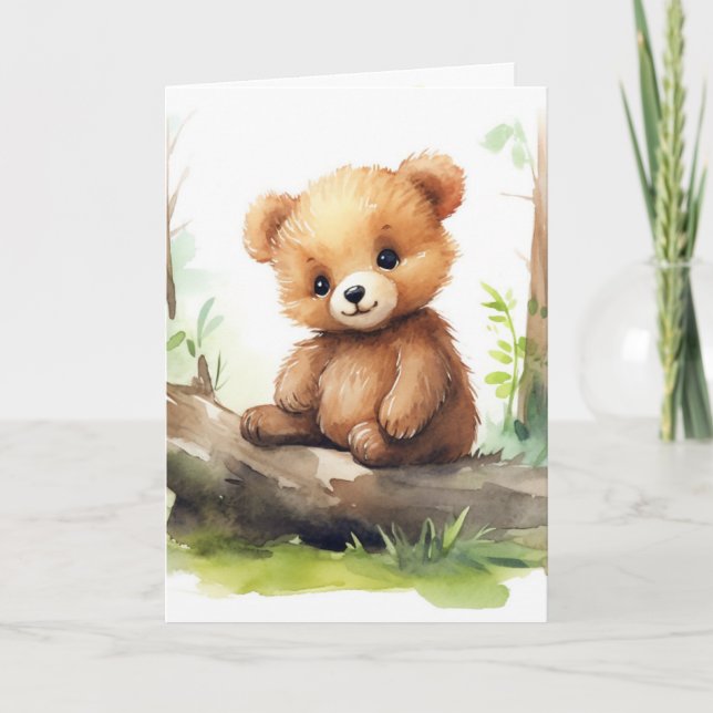 Birthday Bear Cub On Log Karte (Vorderseite)