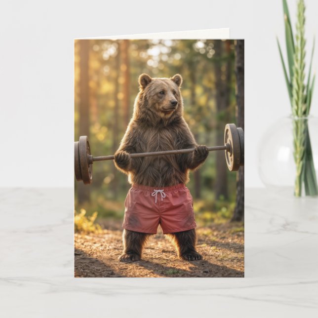 Birthday Bear Lifting Weights In a Sunny Forest Karte (Vorderseite)