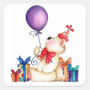 Birthday Bear mit Ballon Quadratischer Aufkleber