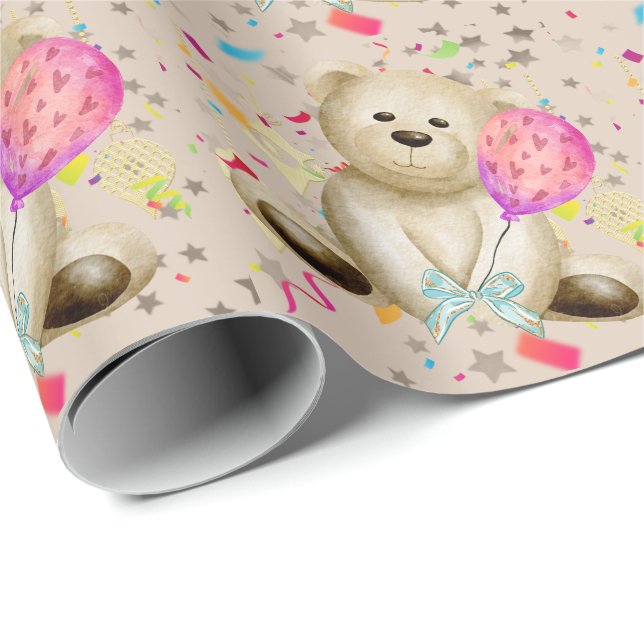 Birthday Bear & Pink Balloon Wrapping Paper Geschenkpapier (Rolleneckpunkt)