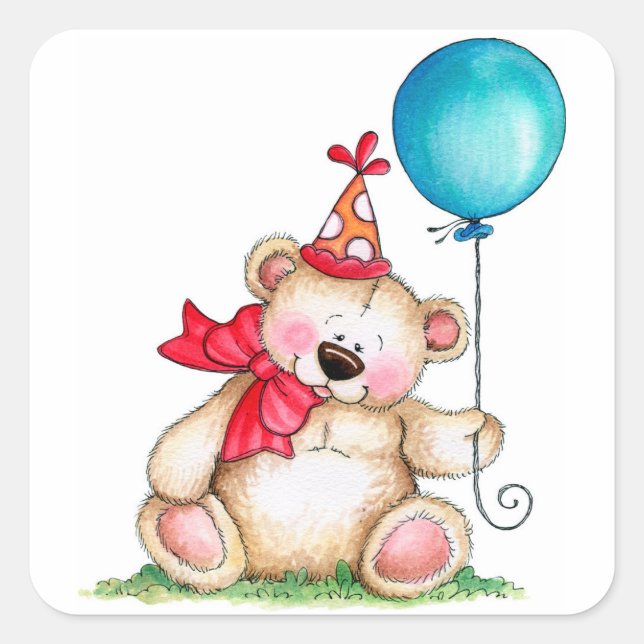 Birthday Bear Quadratischer Aufkleber (Vorderseite)