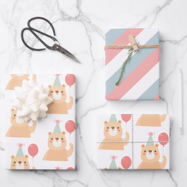 Birthday Bear Wrapping Paper Sheets Geschenkpapier Set (Vorderseite)