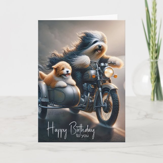 Birthday Bearded Collie auf Motorrad Karte (Vorderseite)