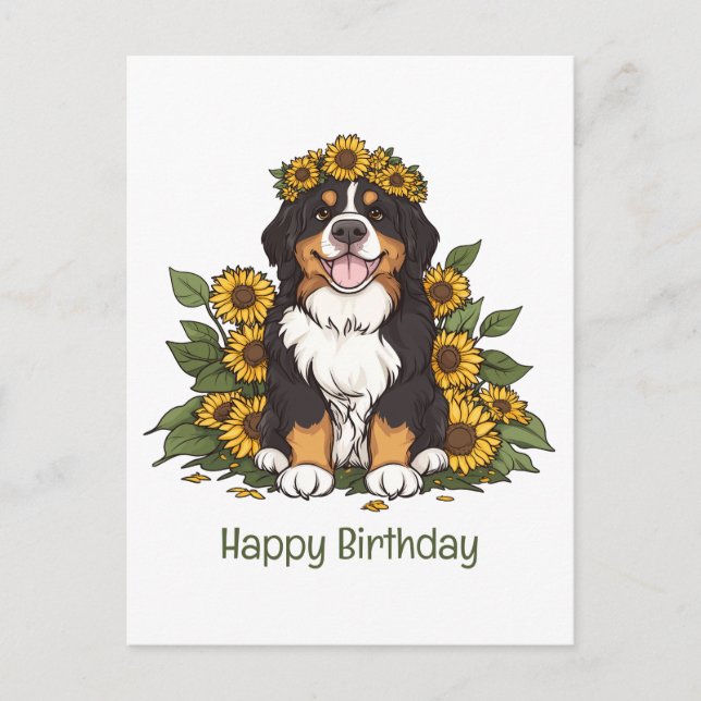 Birthday Bernese Mountain Dog Sonnenblume Krone Postkarte (Vorderseite)
