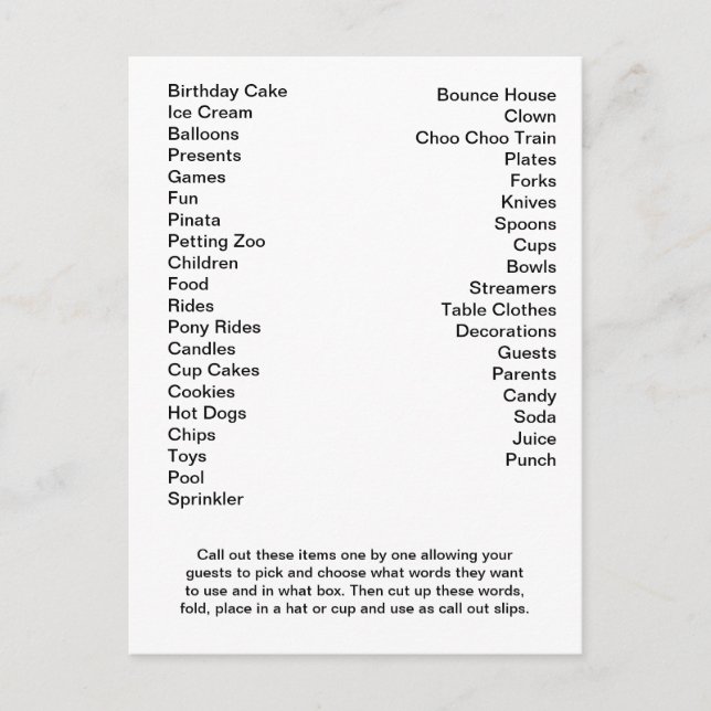 Birthday Bingo Card Ausrufen von Worten Postkarte (Vorderseite)