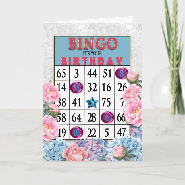 Birthday Bingo Card und Rosa Blauen Blumen Karte (Vorderseite)
