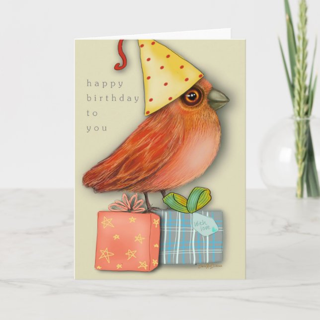 Birthday Bird Sitting on Presents (Blank Inside) Karte (Vorderseite)
