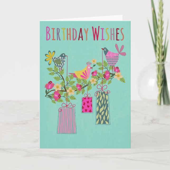 Birthday Birds with Presents on a Branch Karte (Vorderseite)