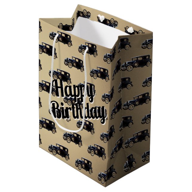 Birthday Black Antique Car Mittlere Geschenktüte (Vorderseite Schrägansicht)