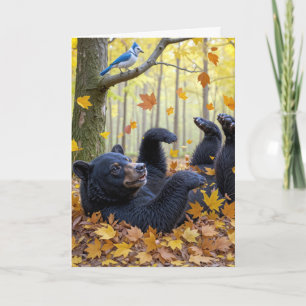 Birthday Black Bear Rolling in Herbst Blätter Karte