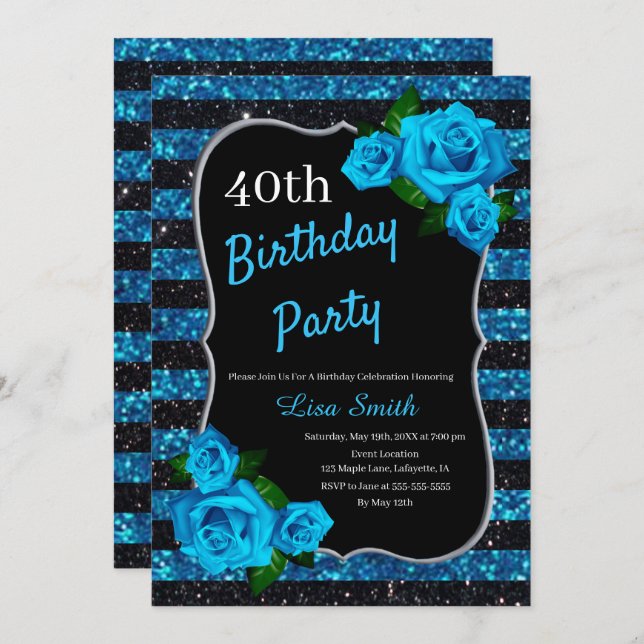 Birthday Black Blue Stripes Glitzer Blue Rose Einladung (Vorne/Hinten)