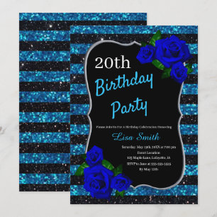Birthday Black Blue Stripes Glitzer Deep Blue Rose Einladung