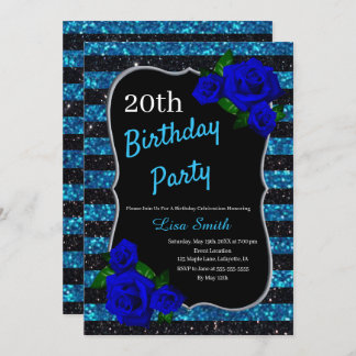 Birthday Black Blue Stripes Glitzer Deep Blue Rose Einladung