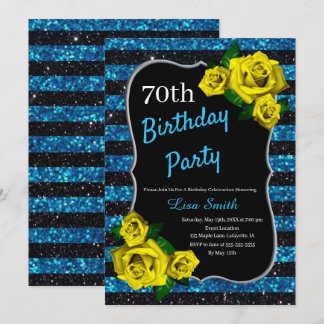 Birthday Black Blue Stripes Glitzer Gelbe Rosen Einladung