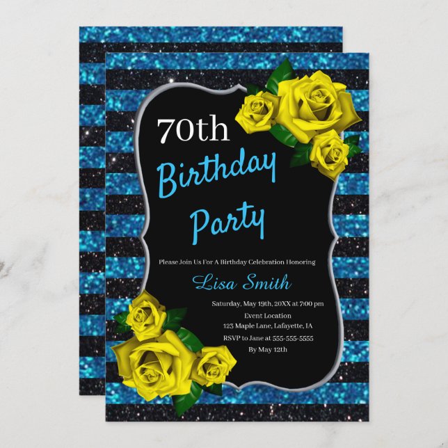 Birthday Black Blue Stripes Glitzer Gelbe Rosen Einladung (Vorne/Hinten)