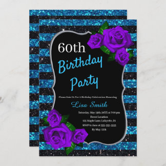 Birthday Black Blue Stripes Glitzer Lila Rose Einladung