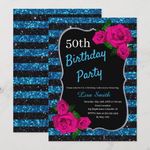 Birthday Black Blue Stripes Glitzer Rosa Roses Einladung