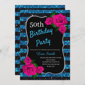 Birthday Black Blue Stripes Glitzer Rosa Roses Einladung