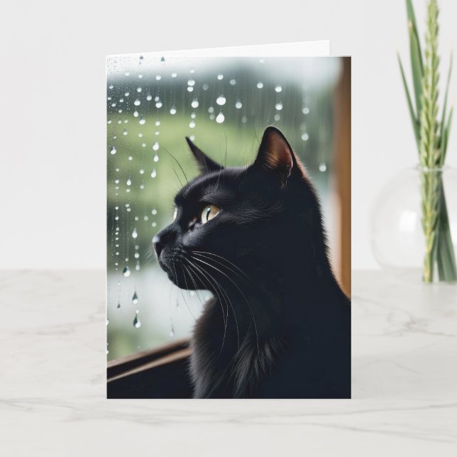 Birthday Black Cat in Rainy Window Karte (Vorderseite)