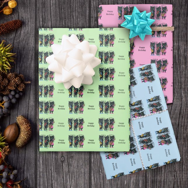 Birthday Black Cat Musicians Herz der Musiknoten Geschenkpapier Set (Black cats playing music hearts of music notes on green, blue and pink gift wrapping paper sheets.)