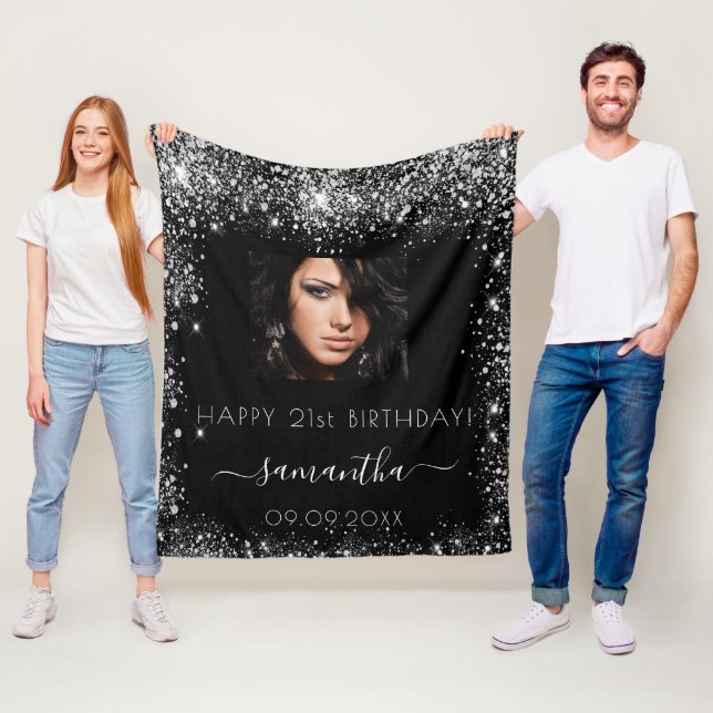 Birthday Black Custom Foto Silber Glitzer Name Fleecedecke (Beispiel)