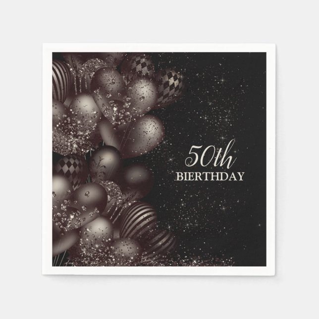 Birthday Black Glitzer Balloons Sparkle Party Serviette (Vorderseite)
