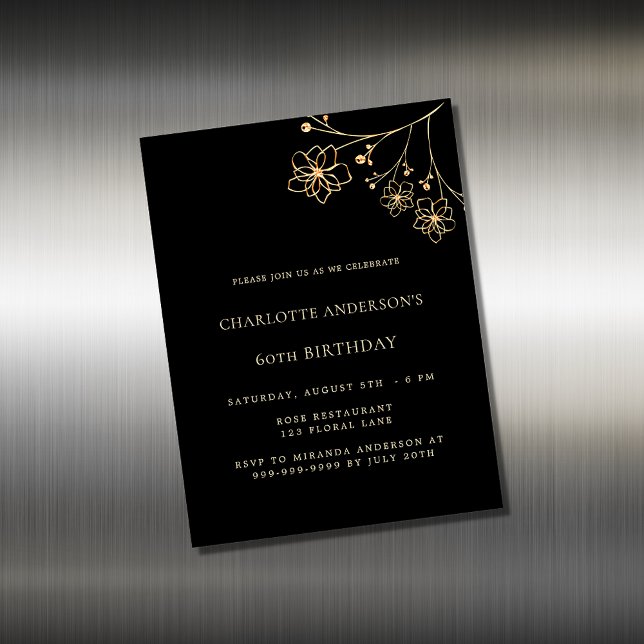 Birthday Black Gold Blumenmagnet Einladung (Von Creator hochgeladen)