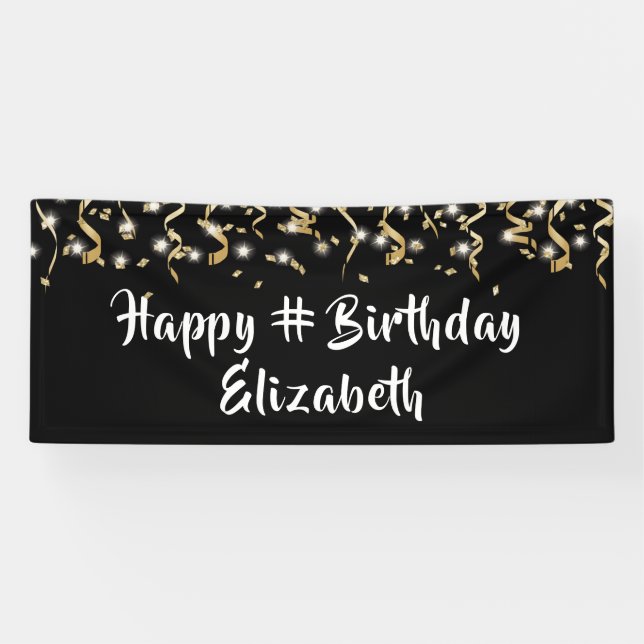 Birthday Black Gold Confetti Streamers Custom Text Banner (Horizontal)