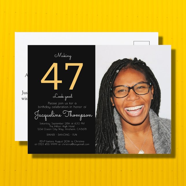 Birthday Black Gold Foto Einladungspostkarte (Von Creator hochgeladen)