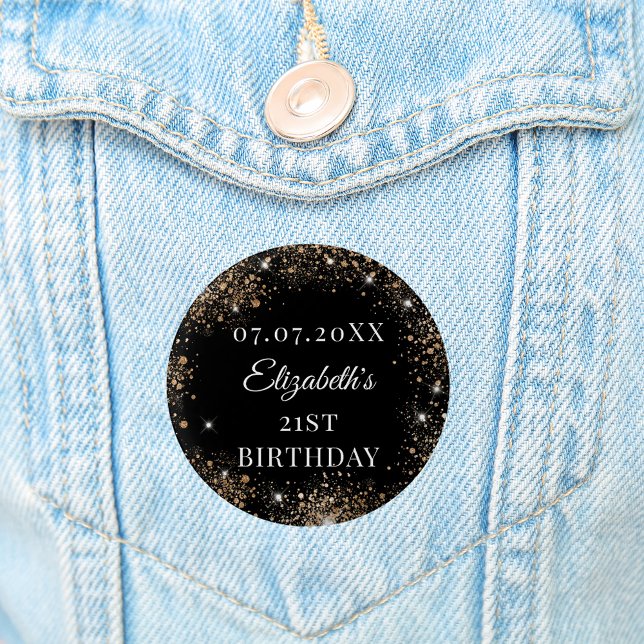 Birthday black gold glitter name date button (Von Creator hochgeladen)