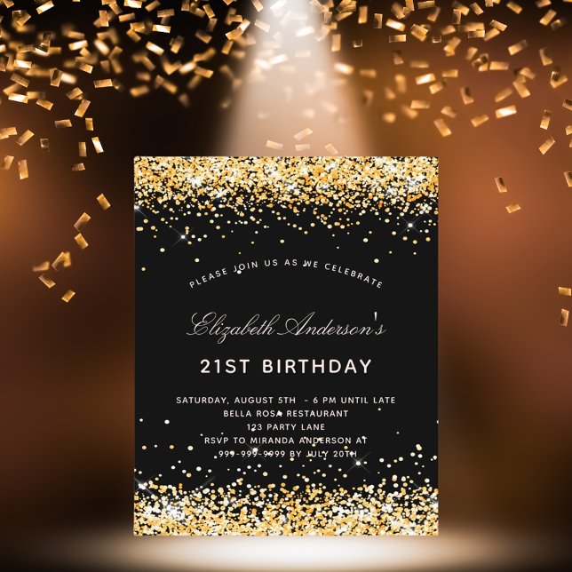 Birthday Black Gold Glitzer Einladung (Von Creator hochgeladen)