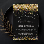 Birthday Black Gold Glitzer glamouröses Party Einladungspostkarte<br><div class="desc">Eine moderne,  stilvolle und glamouröse Einladung für eine 40. Geburtstagsfeier (oder jedes Alter). Ein schwarzer Hintergrund mit Imitaten vergoldeten Glitzer Staub. Der Name ist mit einem modernen handgeschriebenen Stilskript geschrieben. Personalisieren Sie Ihre Party-Daten und fügen Sie sie hinzu.</div>