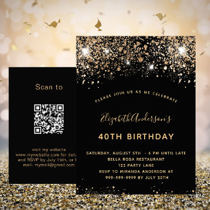 Birthday Black Gold Glitzer QR UAWG Einladung Postkarte