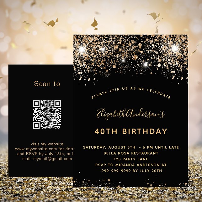 Birthday Black Gold Glitzer QR UAWG Einladung Postkarte (Von Creator hochgeladen)