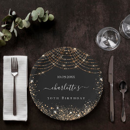 Birthday Black Gold Glitzer Staub Name-Skript Pappteller