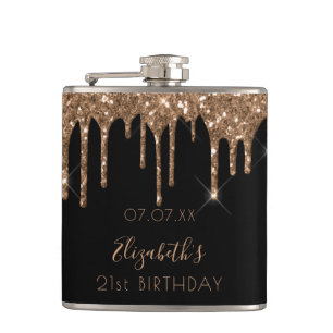 Birthday Black Gold Glitzer Tropfen Name Flachmann