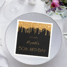 Birthday Black Gold Glitzer Tropfen Name Serviette