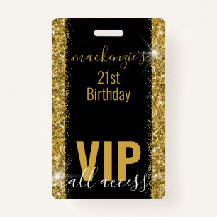 Birthday Black Gold Glitzer VIP Party Einladung Ausweis