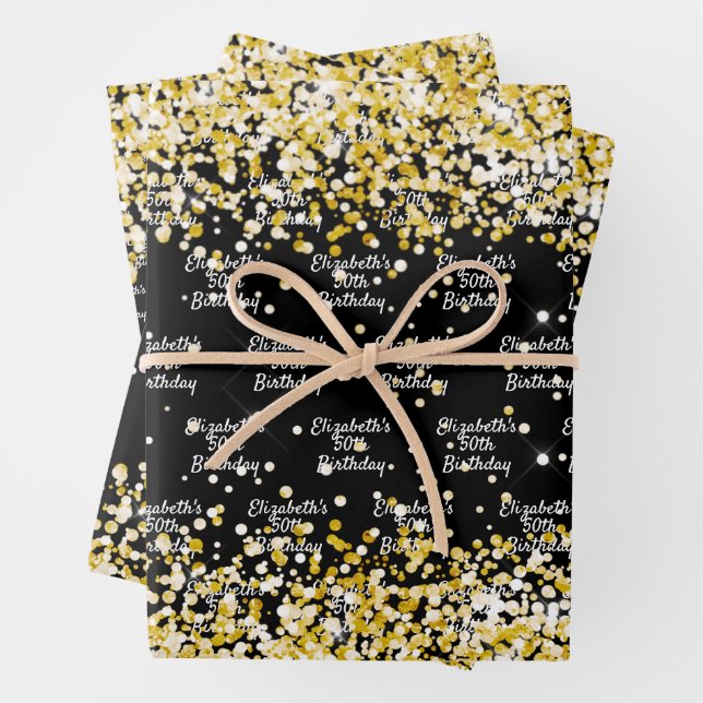 Birthday Black Gold Konfetti Name Geschenkpapier Set (Beispiel)