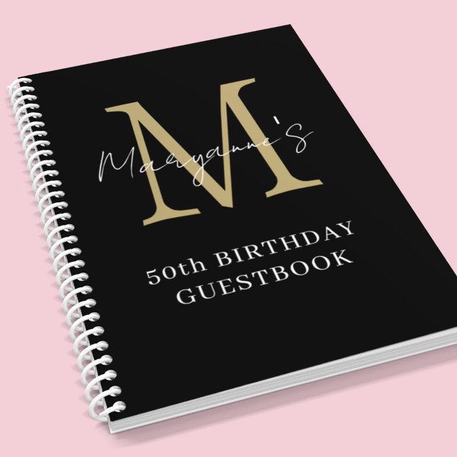 Birthday Black Gold Monogram Name Guest Book Notizblock (Von Creator hochgeladen)