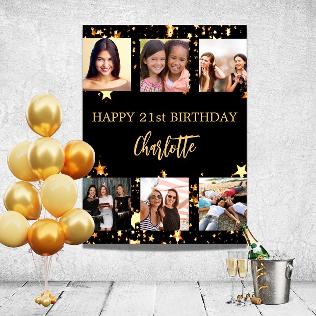Birthday Black Gold Stars Foto Collage Poster (Von Creator hochgeladen)