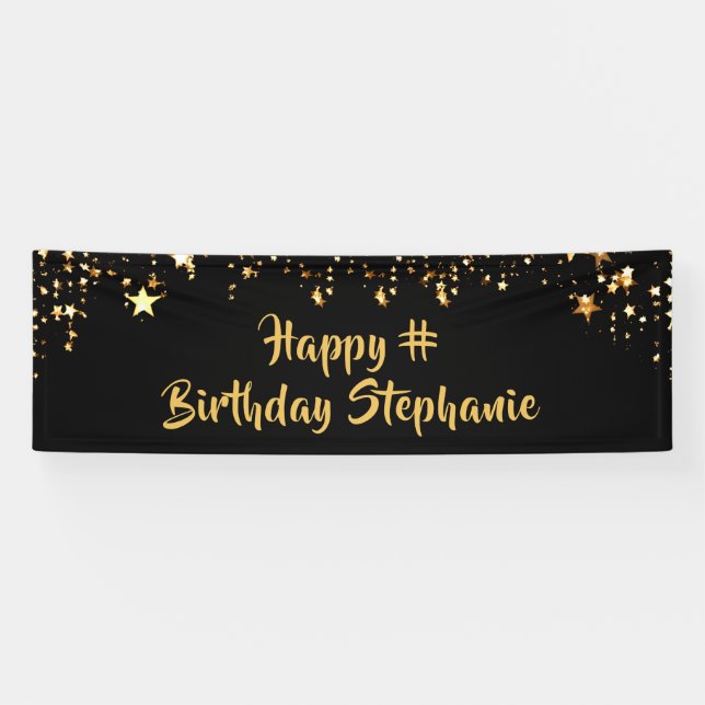 Birthday Black Gold Stars Pinselschrift personalis Banner (Horizontal)