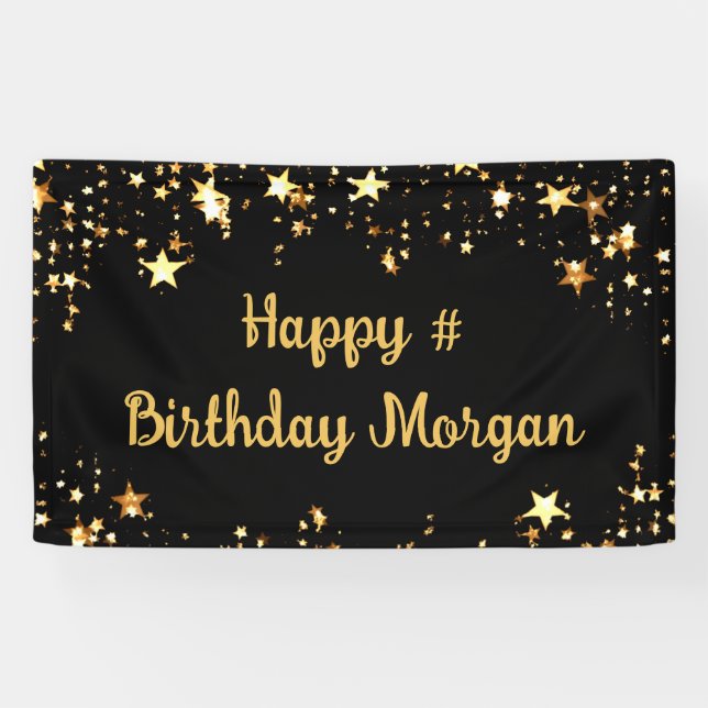 Birthday Black Gold Stars Script Personalisiert Banner (Horizontal)